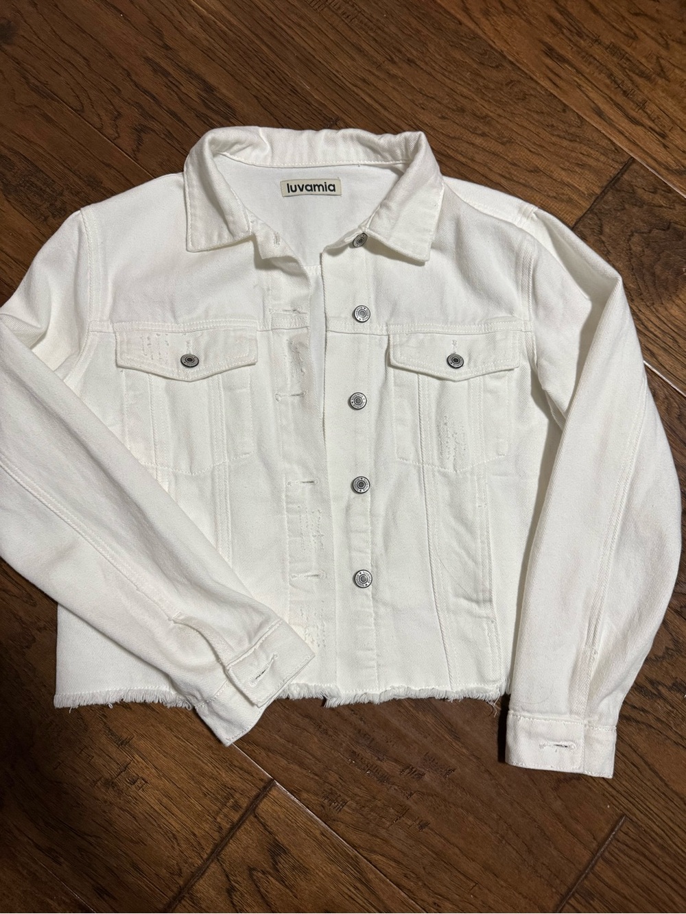 Luvamia Women's White Denim Jacket with Frayed Hem